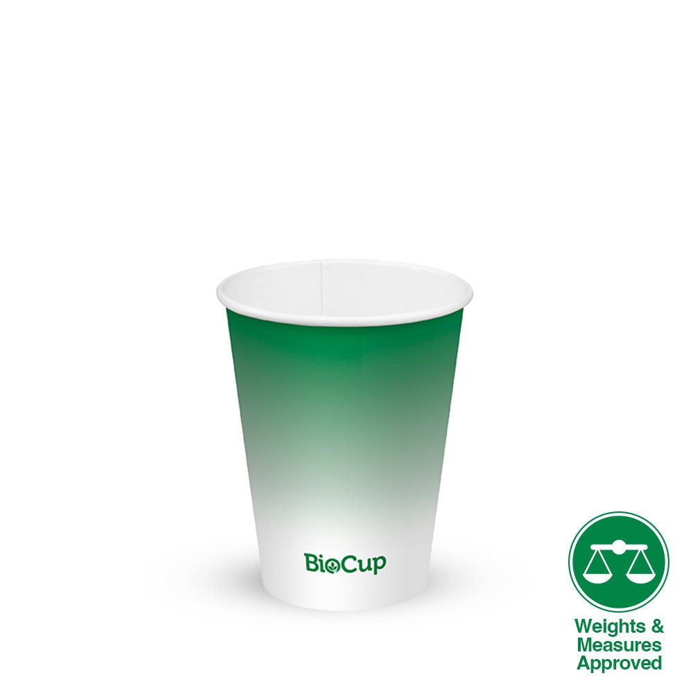 A green and white 280ml Green Cold Paper BioCup labeled "BioCup" with a "Weights & Measures Approved" icon in the bottom right corner.
