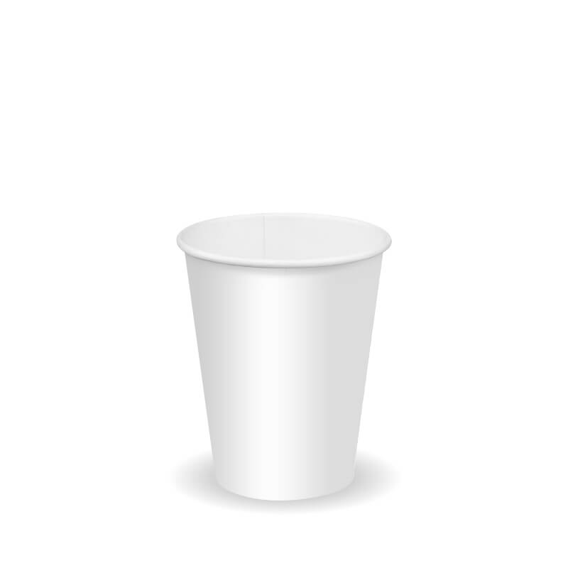 A plain white 280ml BioCup stands upright on a white background with a soft shadow beneath it.