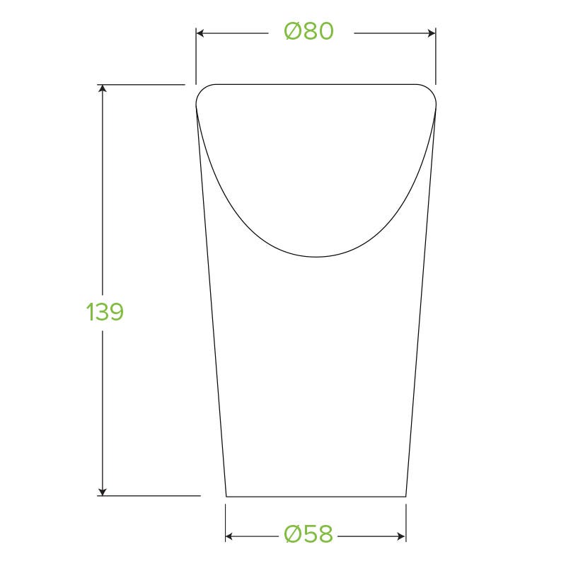 Line drawing of a tapered cylindrical Paper BioCup with labeled dimensions: 139 units tall, top diameter 80 units, bottom diameter 58 units.