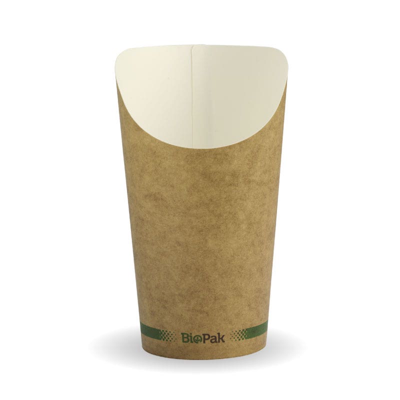 A brown, eco-friendly Paper Chip BioCup with a wide opening and the BioPak logo printed near the base.