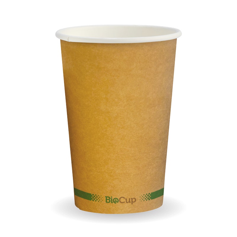A plain brown 320ml Single Wall BioCup with a white interior and a green "BioCup" logo and Kraft Green Stripe near the base, displayed against a white background.