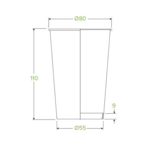 Line drawing of a 320ml Single Wall BioCup in Kraft Green Stripe, with dimensions labeled: 110 mm height, 80 mm top diameter, 55 mm base diameter, and 9 mm base height.