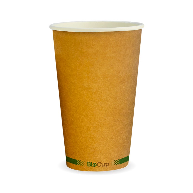 A 510ml Single Wall BioCup in kraft with a green stripe and white rim, labeled "BioCup" with green accents near the base, set against a white background.