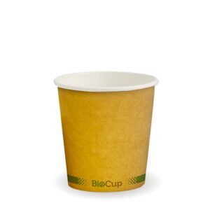 A yellow single wall cup with a white interior, "BioCup" branding near the base, and a 120ml capacity—perfect for eco-conscious use.