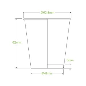 Technical line drawing of a 120ml BioCup: tapered cup with dimensions—62mm tall, 62.8mm top diameter, 41mm bottom diameter, and 5mm base thickness. Ideal as a Single Wall BioCup for eco-friendly beverage service.