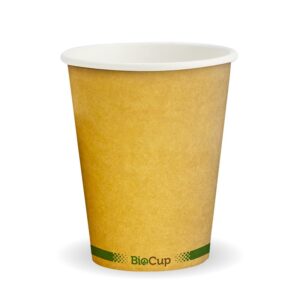 A 280ml Single Wall BioCup, made from plain brown Kraft with a green stripe near the base and "BioCup" branding, stands on a white background with a crisp white rim.