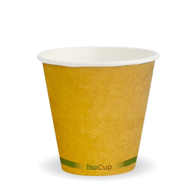 A single wall BioCup, 280ml 8oz, features "BioCup" and a stylish Kraft Green Stripe near the base, set against a white background.