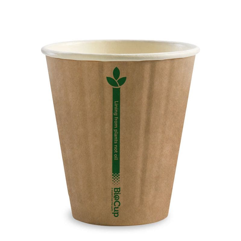 Brown paper coffee cup with a green plant design and the words "Kraft Green Line BioCup" printed vertically on the front.