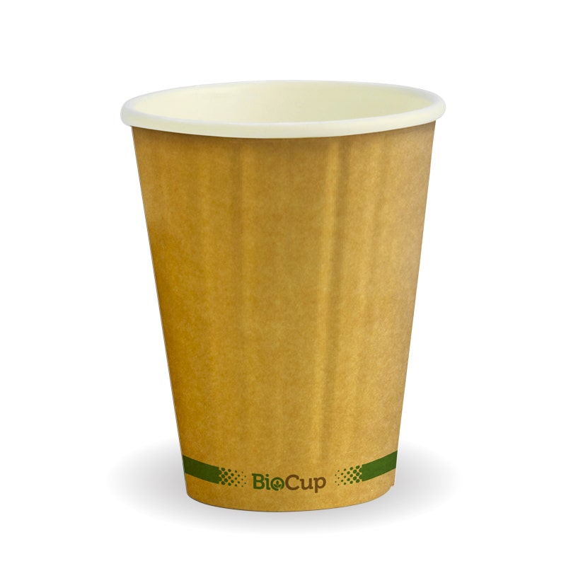 A brown Kraft Double Wall BioCup with a white rim, labeled "BioCup" near the base, stands upright on a white background.