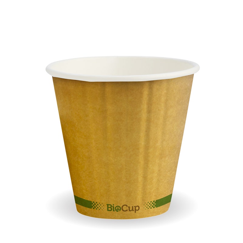 A single 8oz Double Wall BioCup, crafted from Kraft paper with a white interior and featuring two green stripes near the base, is displayed against a white background.