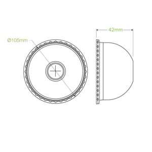 Technical line drawing of a 105mm Cold Cup Lid with a depth of 42mm, shown in both top and side views. Diagram highlights labeled measurements, ideal for illustrating PET Dome Lid or BioCup Lid dimensions.