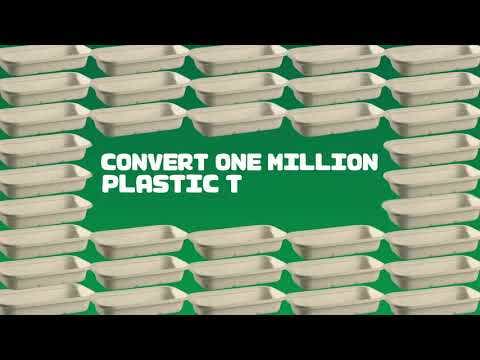 Stacks of beige BioBoard Chip Box trays arranged in rows on a green background, with bold white text reading "CONVERT ONE MILLION PLASTIC T.