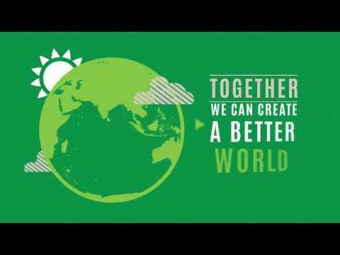 Illustration of the Earth with sun and clouds, next to the text: "Together we can create a better world" on a green background, highlighting our commitment to sustainability with Bioboard Tray #5.