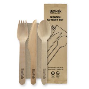 16cm Wood Knife, Fork, Spoon & Napkin Set