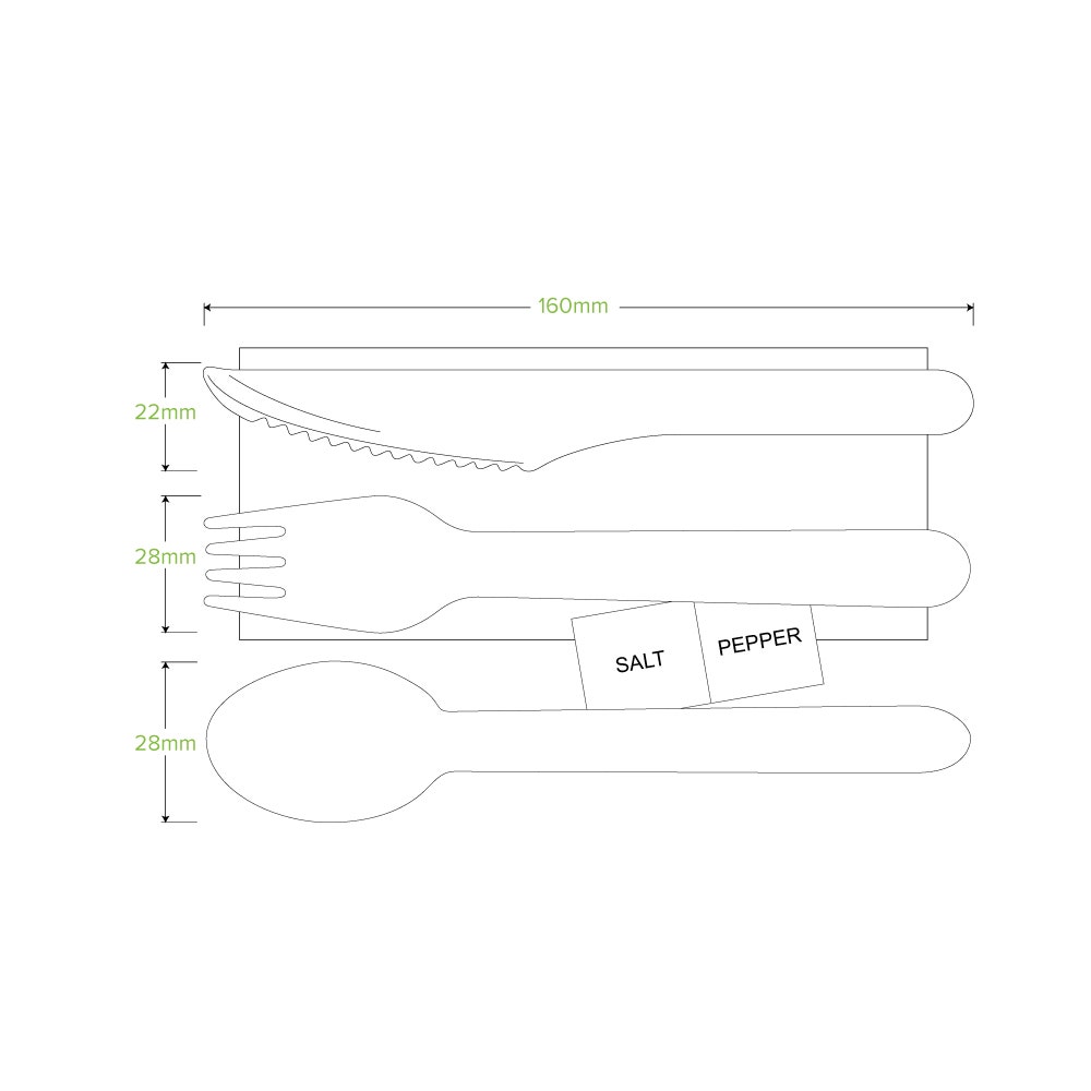 16cm Wood Knife, Fork, Spoon, Napkin, Salt & Pepper set
