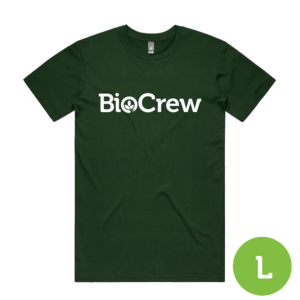 A Green BioCrew T-Shirt featuring "BioCrew" in white on the front and a green icon with a bold white "L" in the bottom right corner.