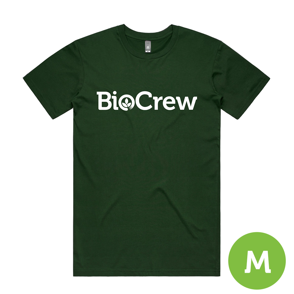 Green BioCrew T-Shirt featuring "BioCrew" in white on the front; a green circle with an "M" marks this dark green shirt as a size medium.