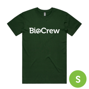 Dark green BioCrew T-Shirt with "BioCrew" printed in white on the front. A small green circle with an "S" in the bottom right marks size small.
