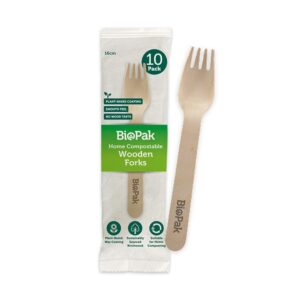 10 Pack - 16cm Wooden Fork In Paper Sleeves