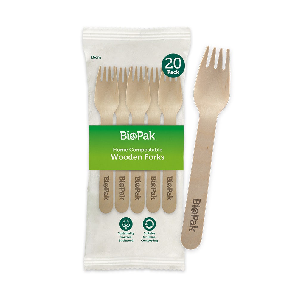 20 Pack - 16cm Wooden Fork In Paper Sleeves