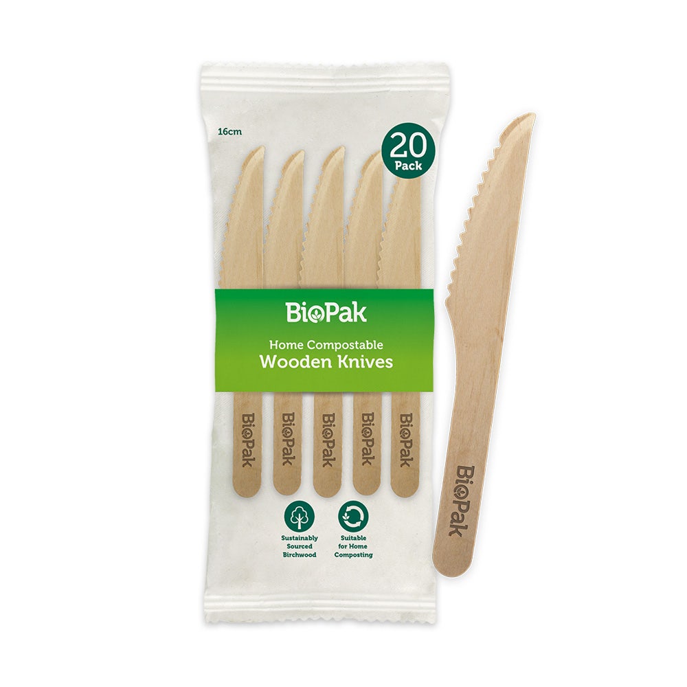 25 Pack - 16cm Wooden Knife In Paper Sleeves