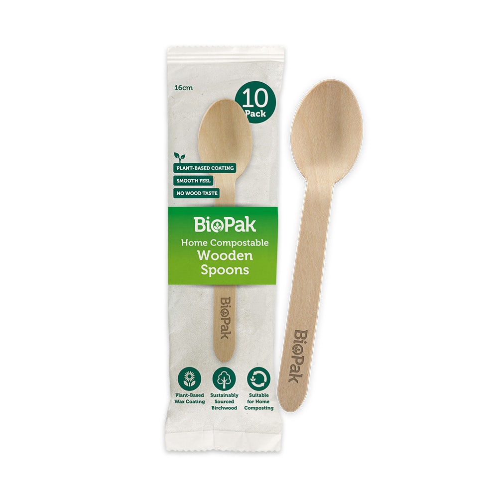10 Pack - 16cm Wooden Spoon In Paper Sleeves